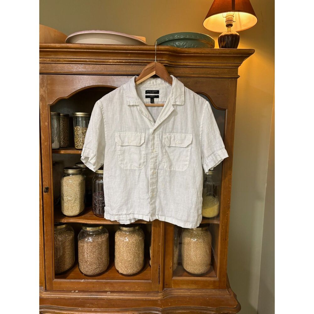 Banana Republic White Short-Sleeve Button Front Linen Blouse